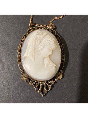 Antique Victorian Shell Cameo Pendant Necklace Brass Filigree 10K Gold Chain